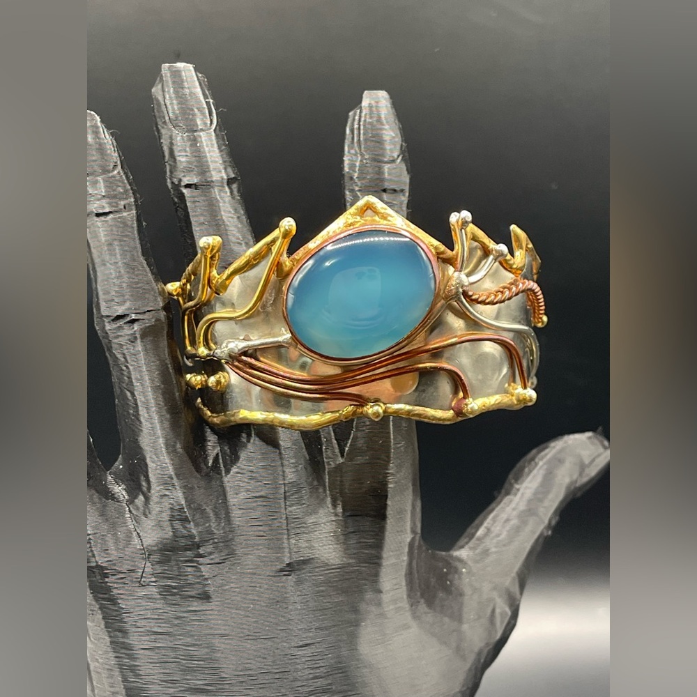 Tara Mesa Chalcedony Stone Embellished Cuff Bracelet.German Silver,Copper,Brass